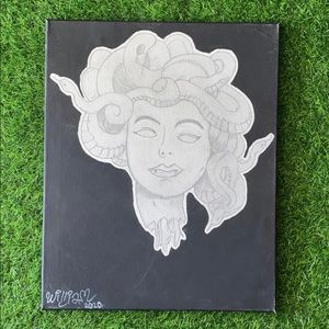 Medusa Head Handmade Canvas Painting Signed 16X20 Inches Big Drawing see pics